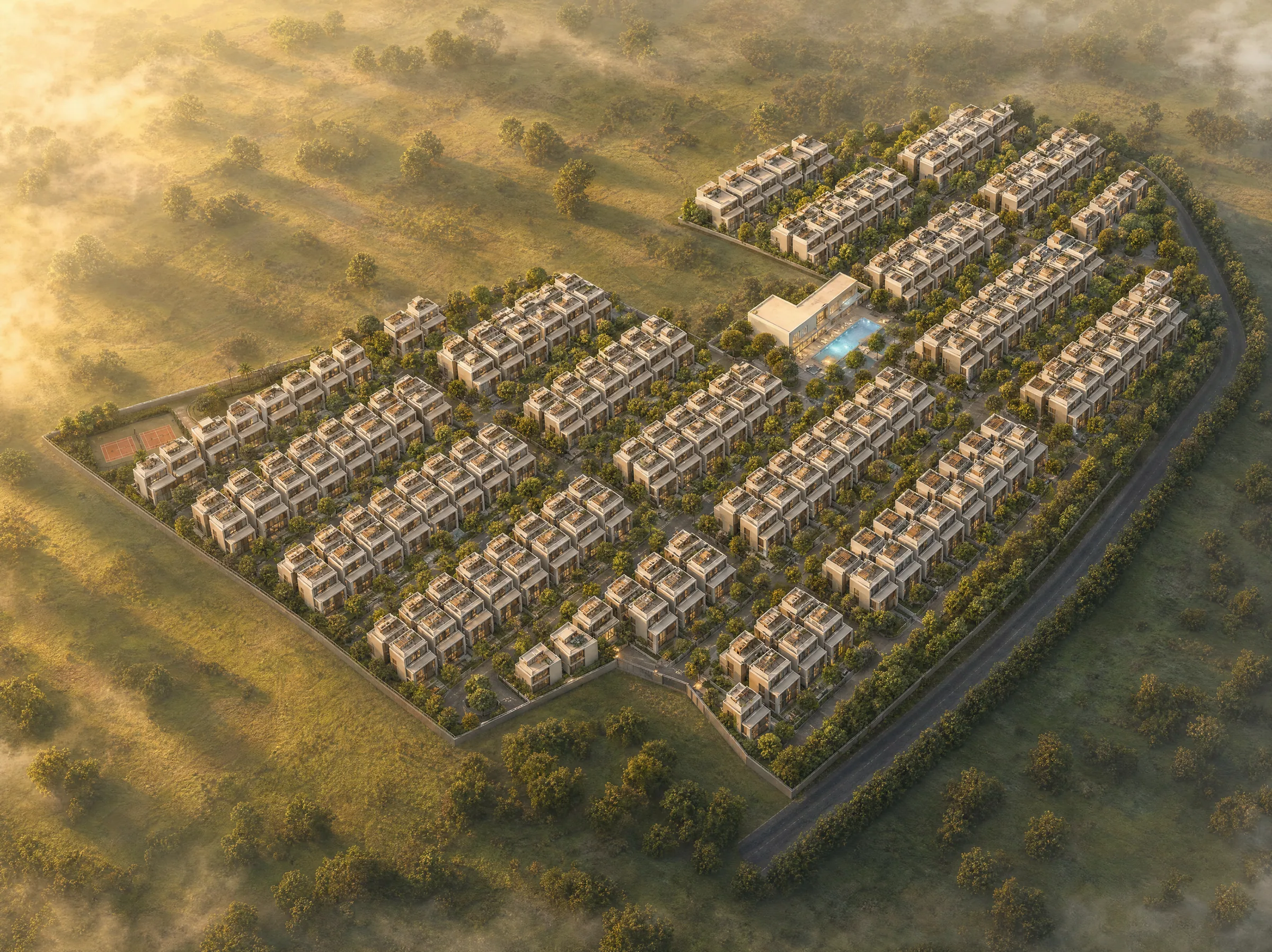 Golden-hour aerial view of SreeKalpa: rows of villas on tree-lined streets around the clubhouse and pool, set in open woodland