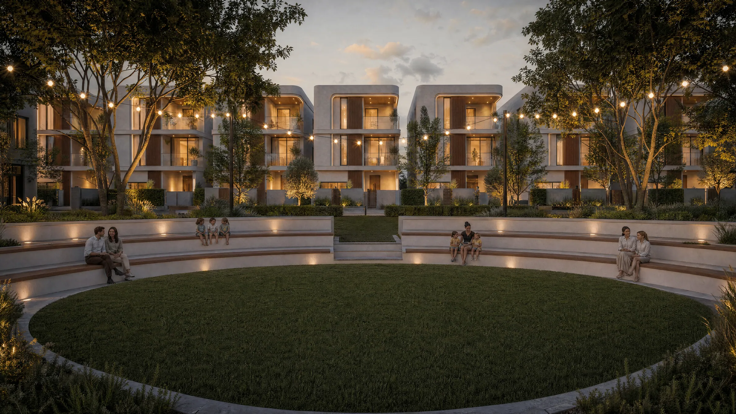 A small amphitheatre with lit curved seating steps around a round lawn, villas glowing behind