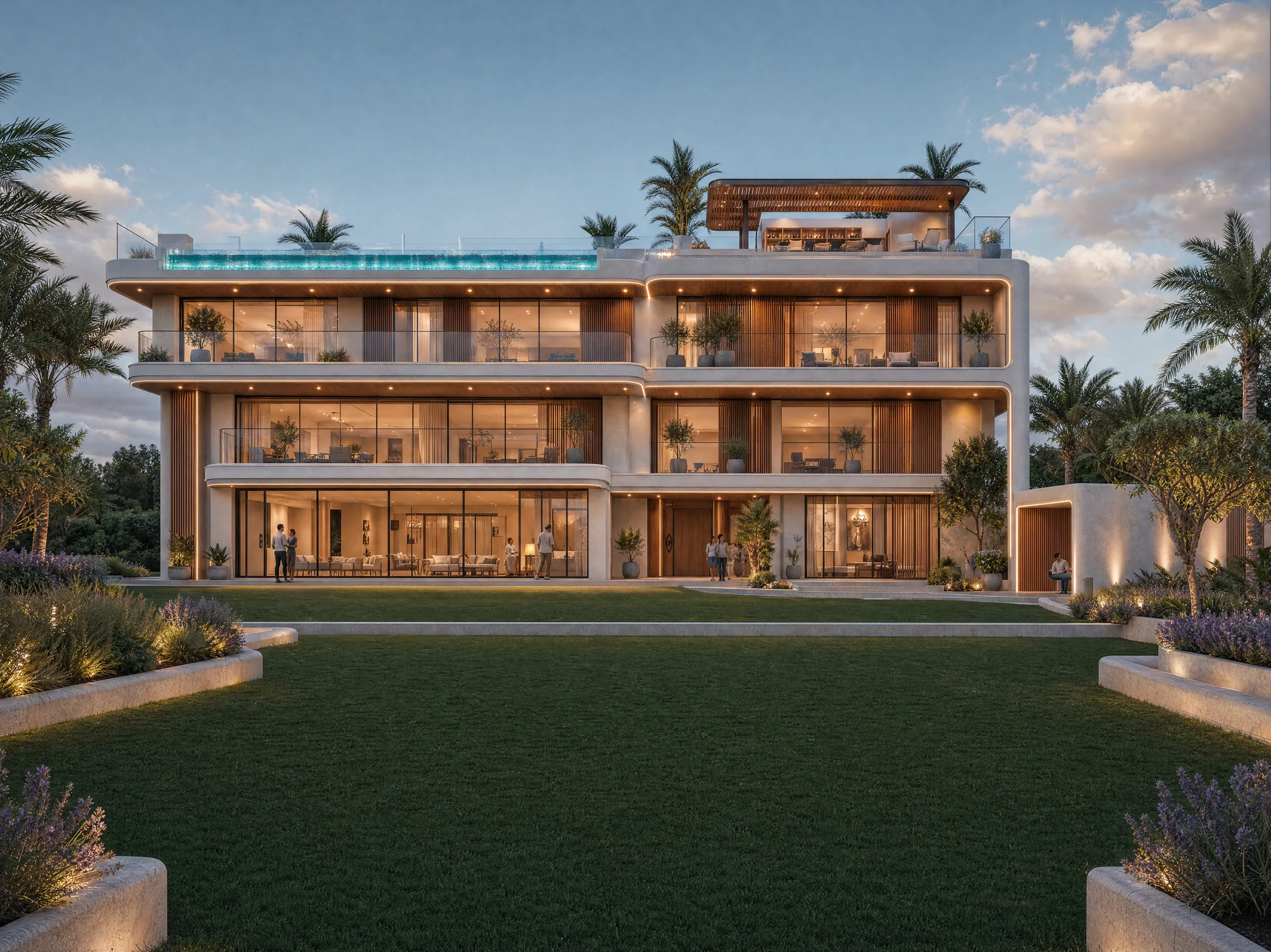 The G+2 SreeKalpa clubhouse at dusk seen across the party lawn, with glass lounges on every floor and the rooftop pool along the top