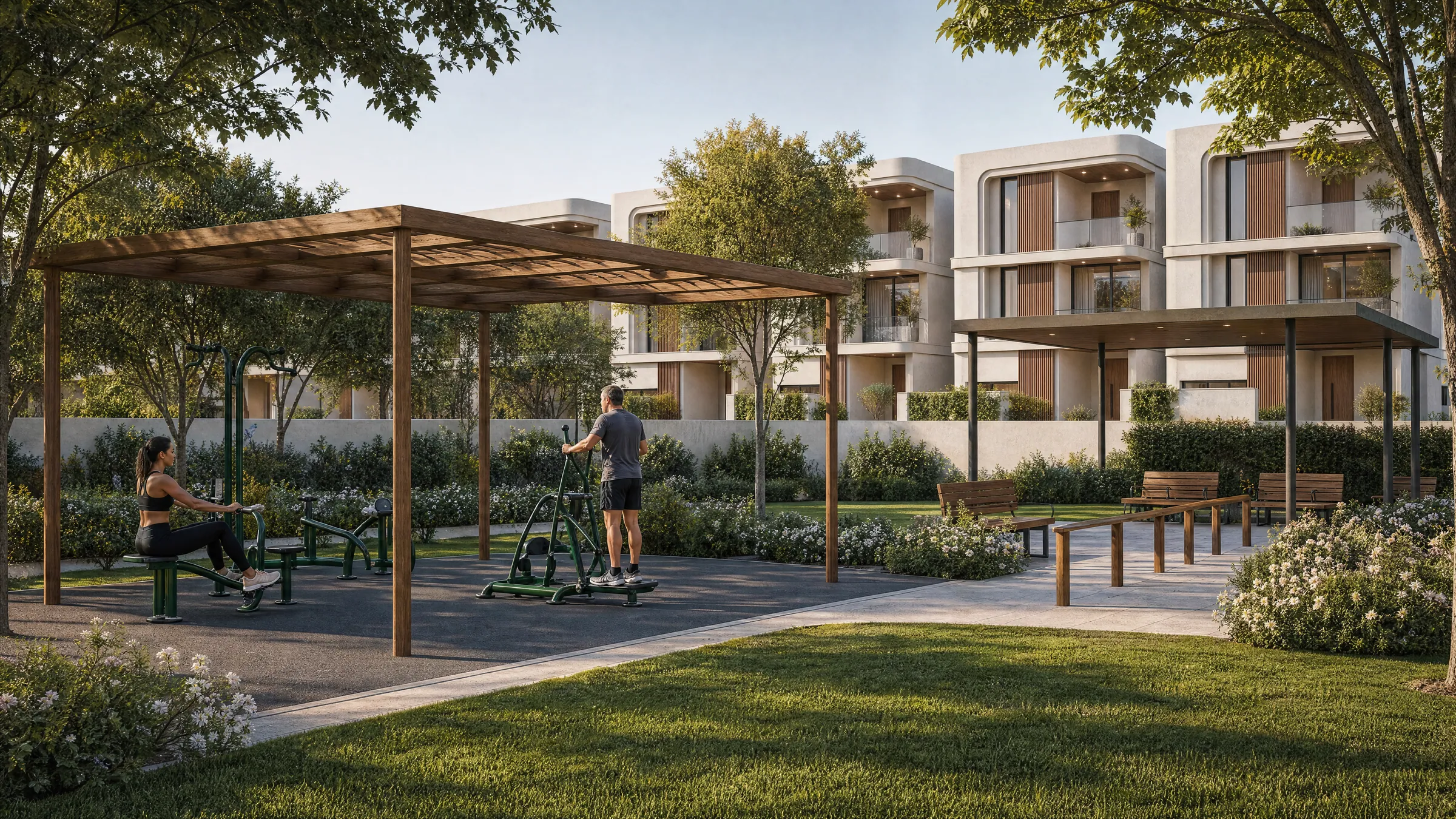 Outdoor gym equipment under a timber pergola, with benches and a walking rail beside it