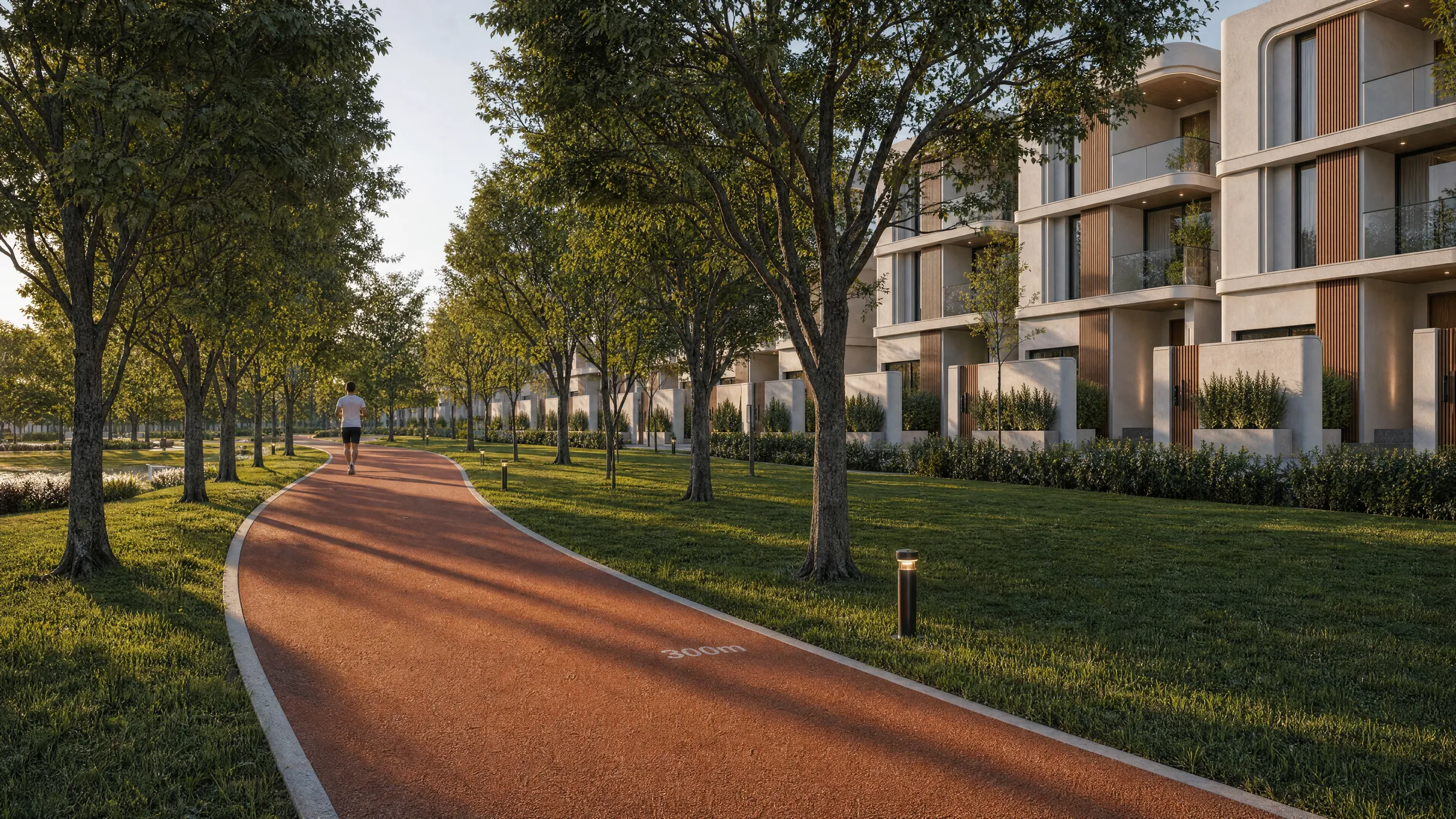 A terracotta jogging track curving through a park beside a row of villas
