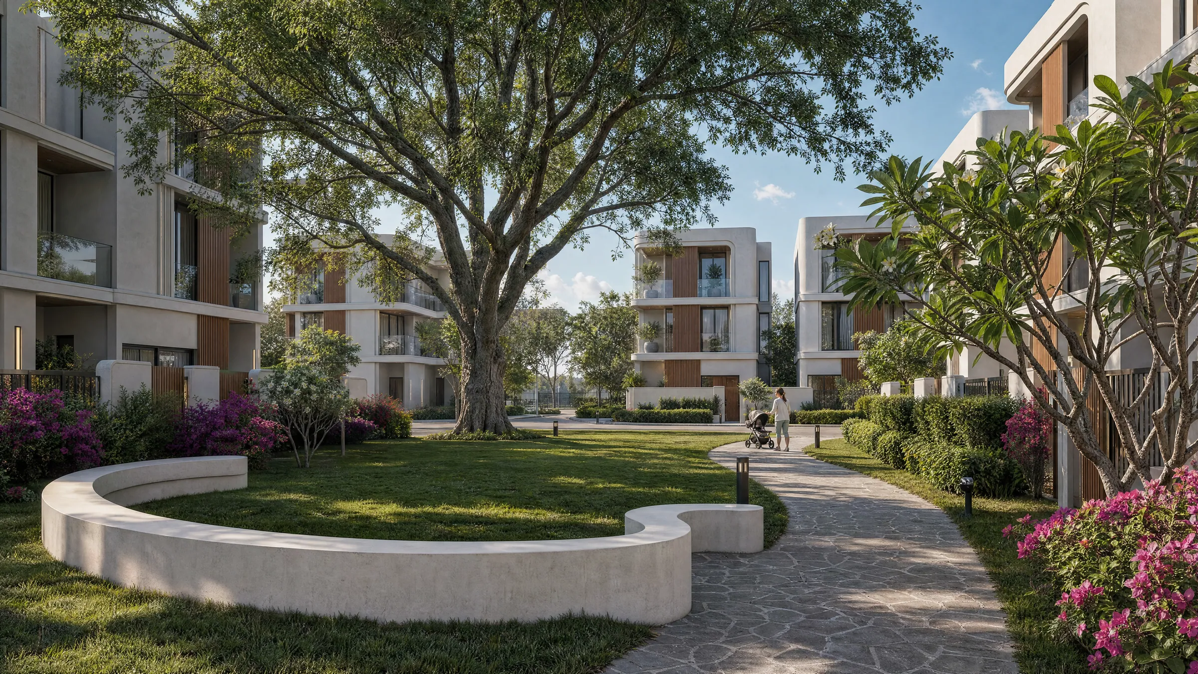 A small park with a large shade tree, a curved plaster bench and a stone path between villas