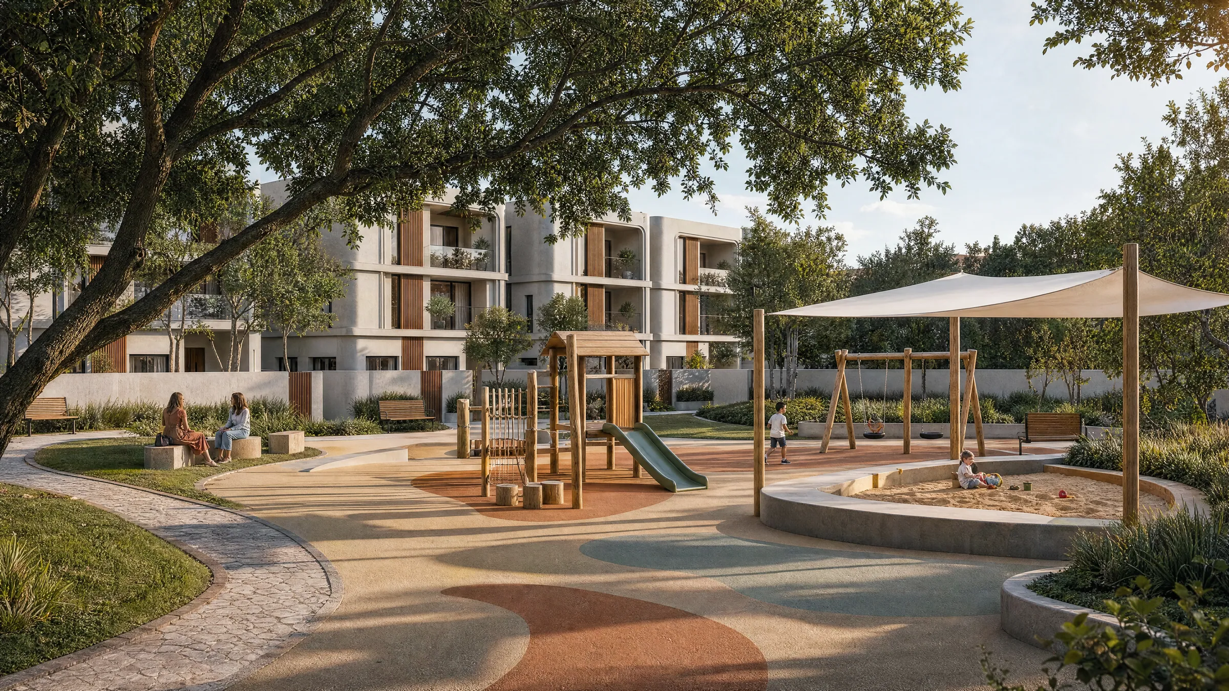 Children's play area with a timber climbing frame, swings and a sand pit under a shade sail