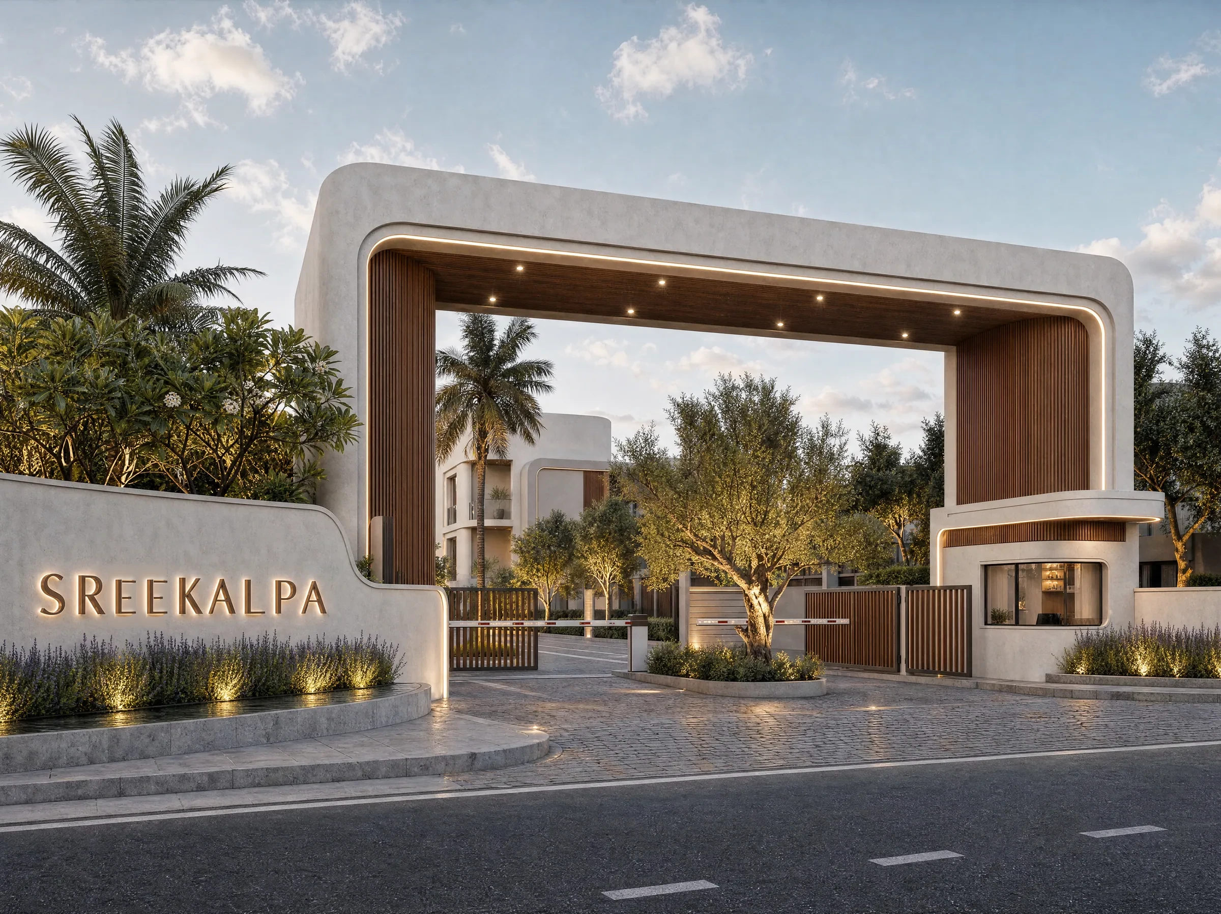 The SreeKalpa entrance arch at dusk, with the guard house, boom barriers and an olive tree in the forecourt