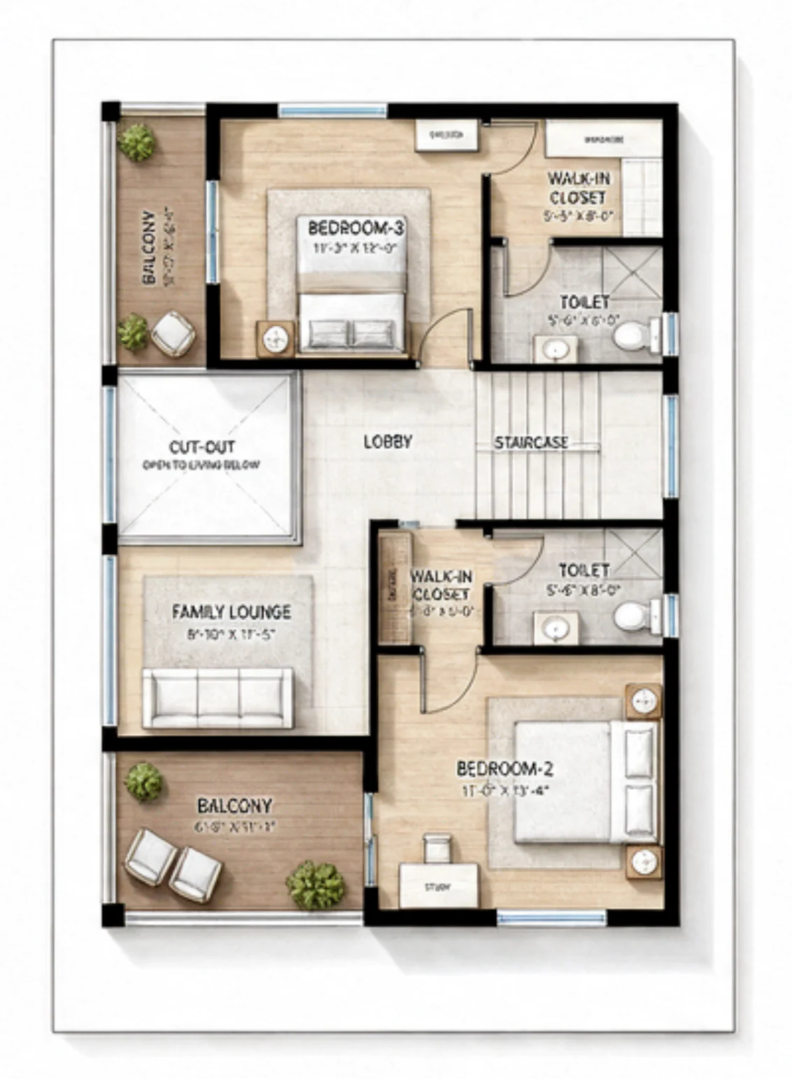 First floor plan, west-facing plot, rendered