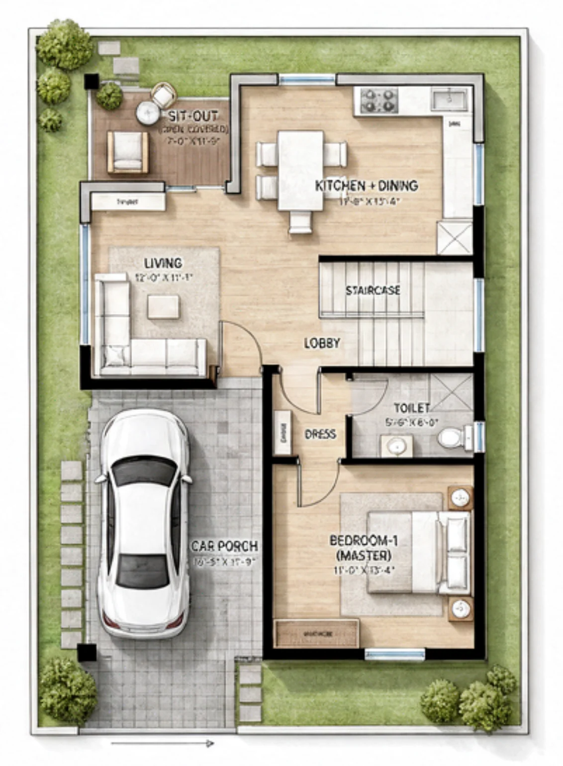 Ground floor plan, west-facing plot, rendered
