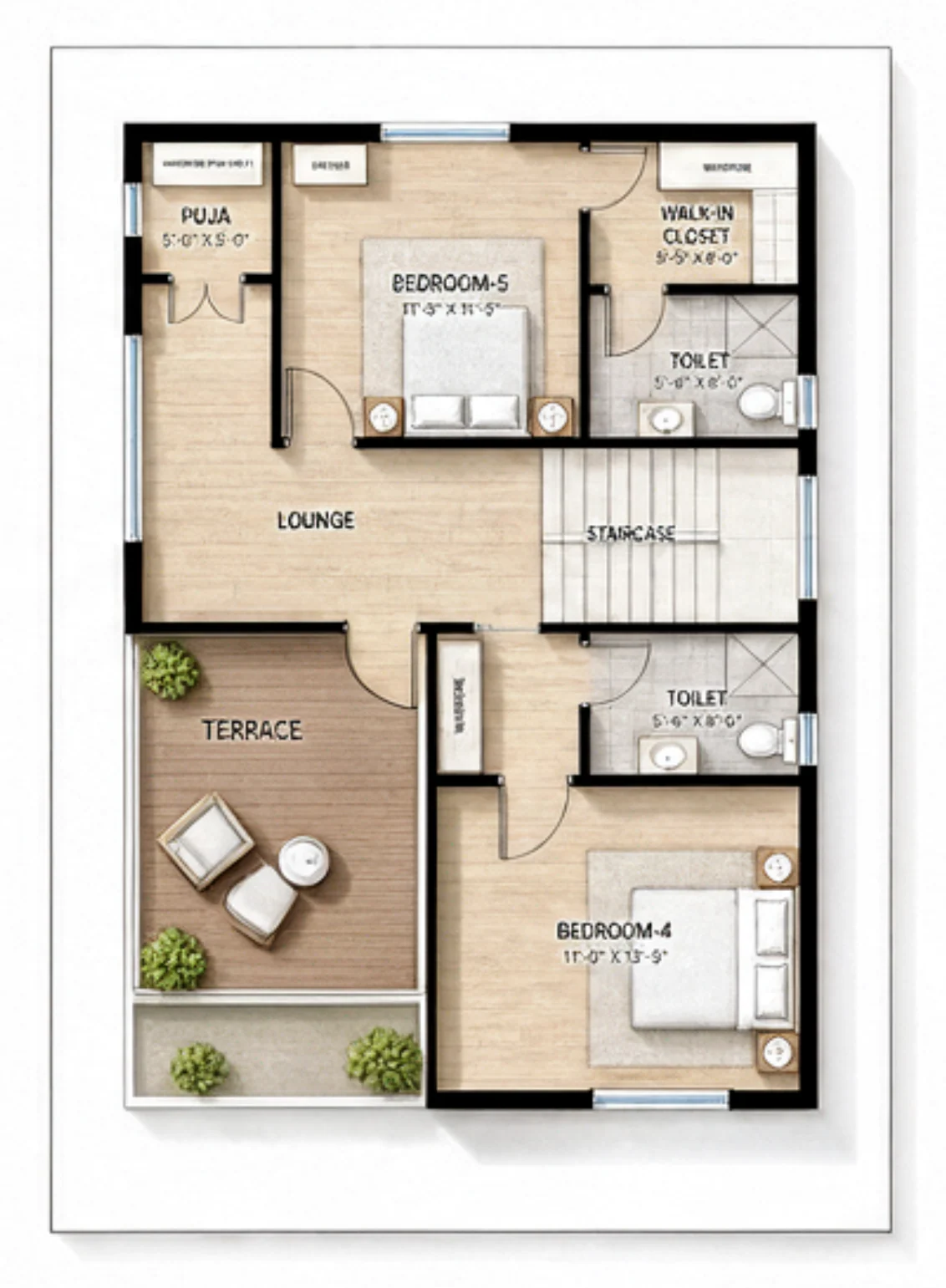 Second floor plan, west-facing plot, rendered