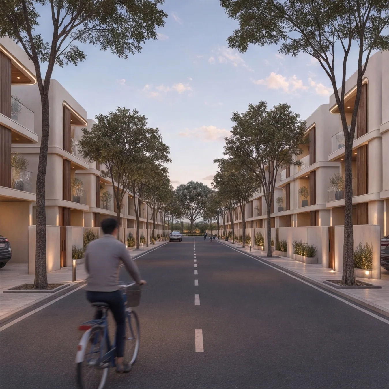 Looking down a straight avenue between rows of villas at dusk, a cyclist in the foreground