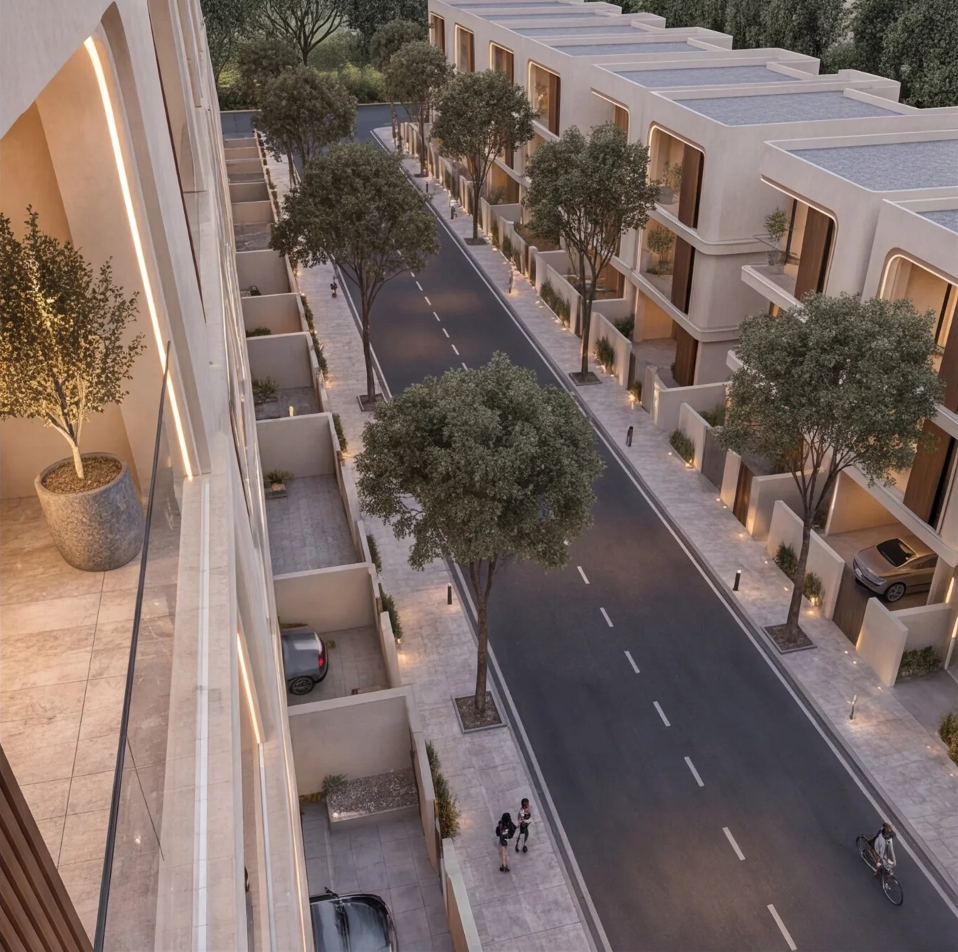 The street seen from a villa balcony, with families walking and a cyclist