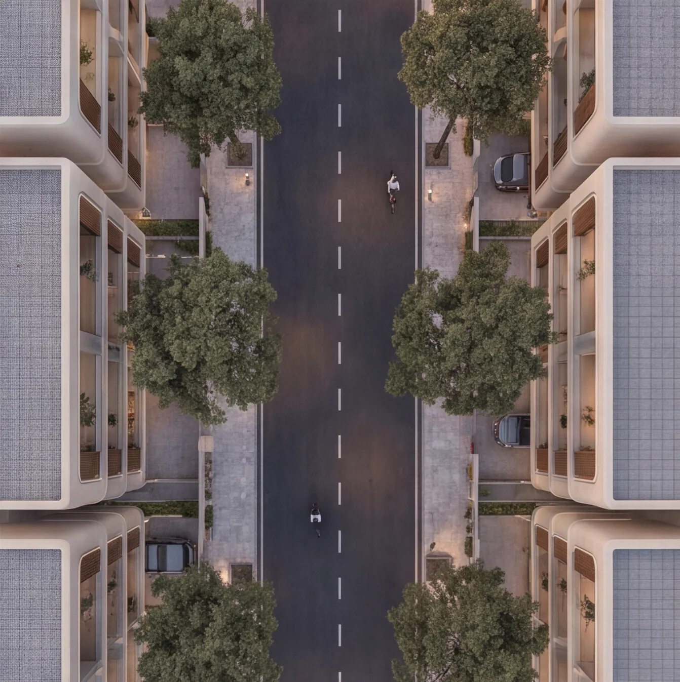 A top-down view of the street, with trees, footpaths and villa roofs on both sides