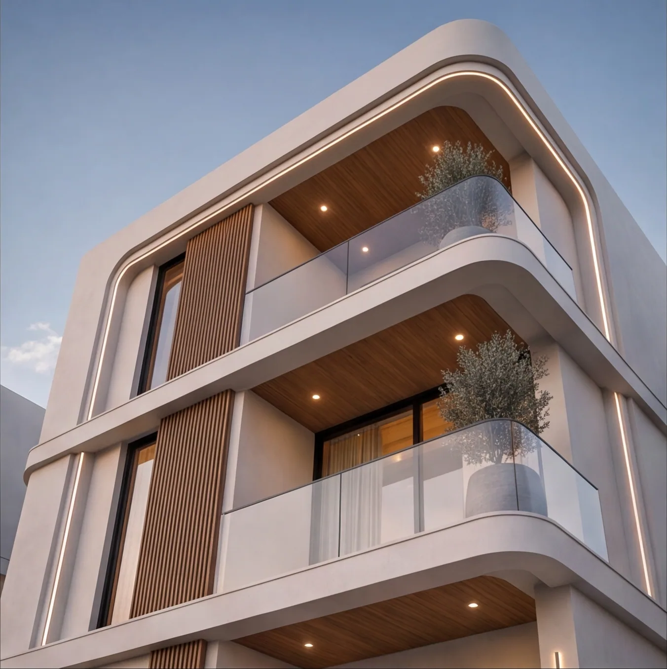 Looking up at the stacked balconies with timber soffits, downlights and glass balustrades