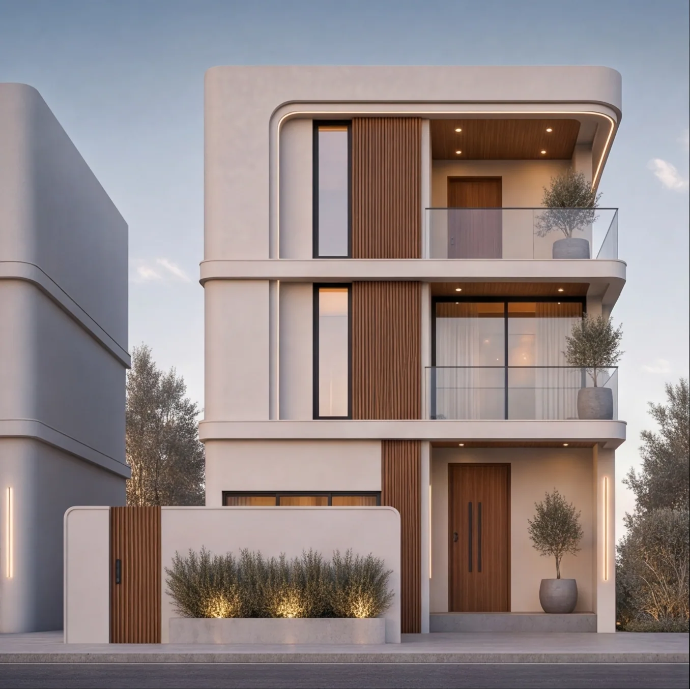 Front elevation of the villa at dusk: warm white plaster with rounded corners, timber fins, cove-lit balcony frames and a timber entrance door