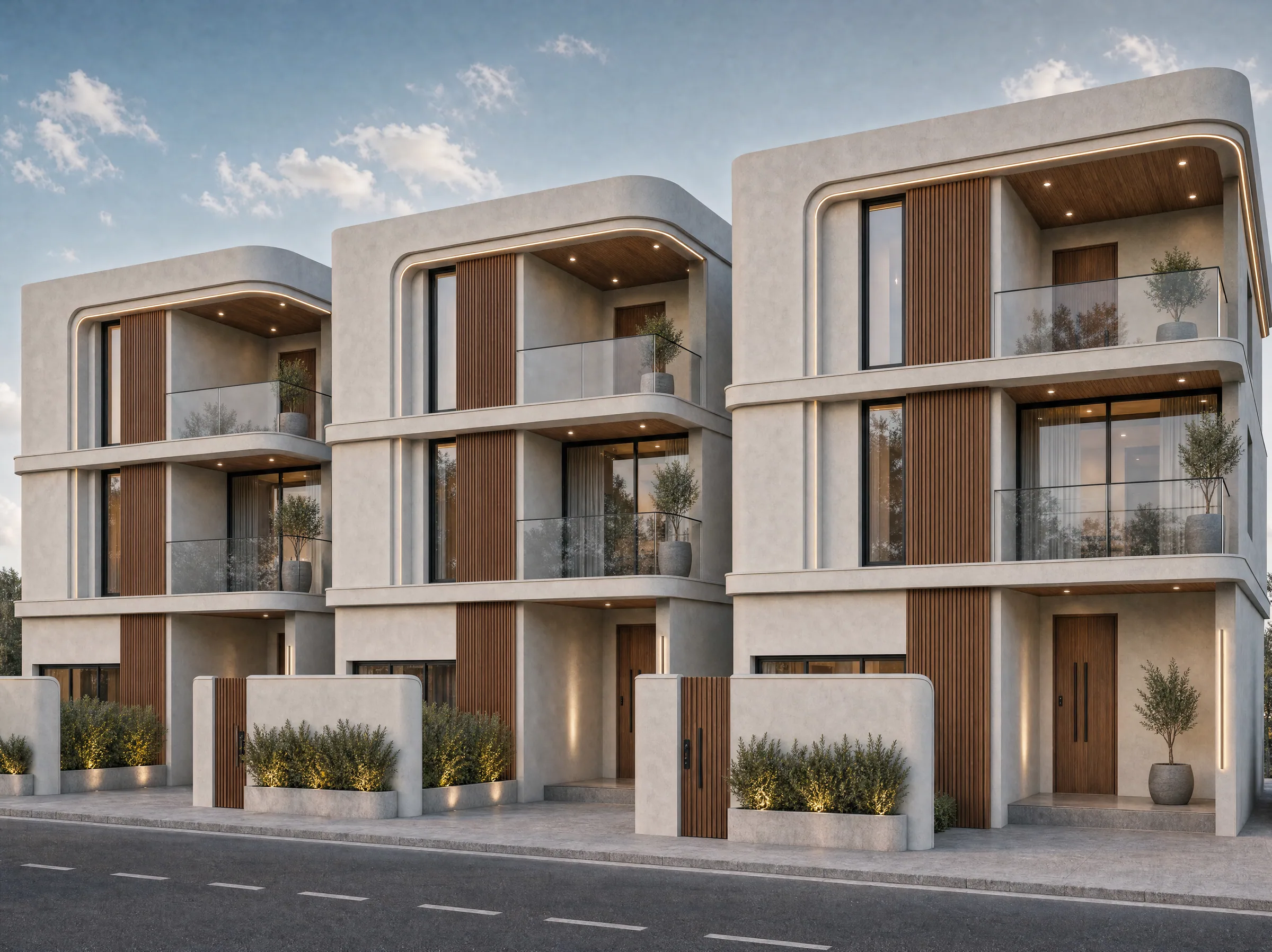 Three SreeKalpa villas side by side on the street at dusk: warm white plaster with rounded corners, timber fins, cove-lit balconies, low boundary walls and timber gates