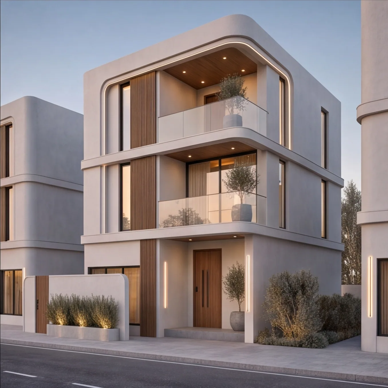 The villa from the street at dusk, with neighbouring villas on either side